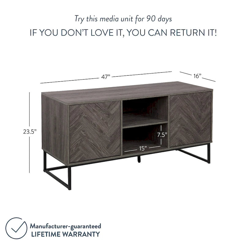 Meuble TV Console Média avec Rangement Caché Motif Chevron Bois et Métal - 119 cm