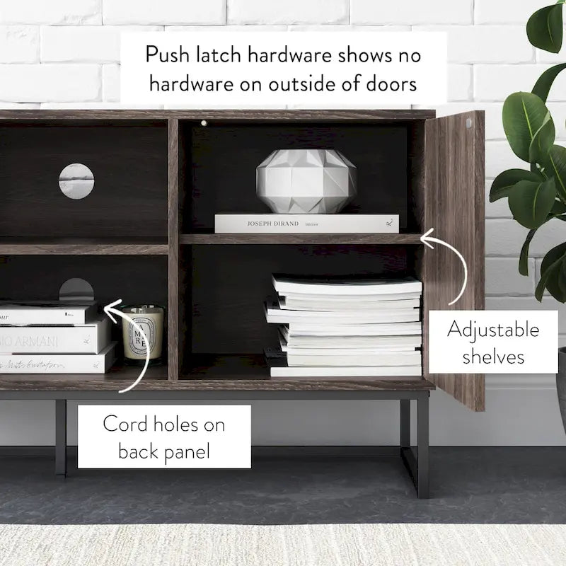 Meuble TV Console Média avec Rangement Caché Motif Chevron Bois et Métal - 119 cm