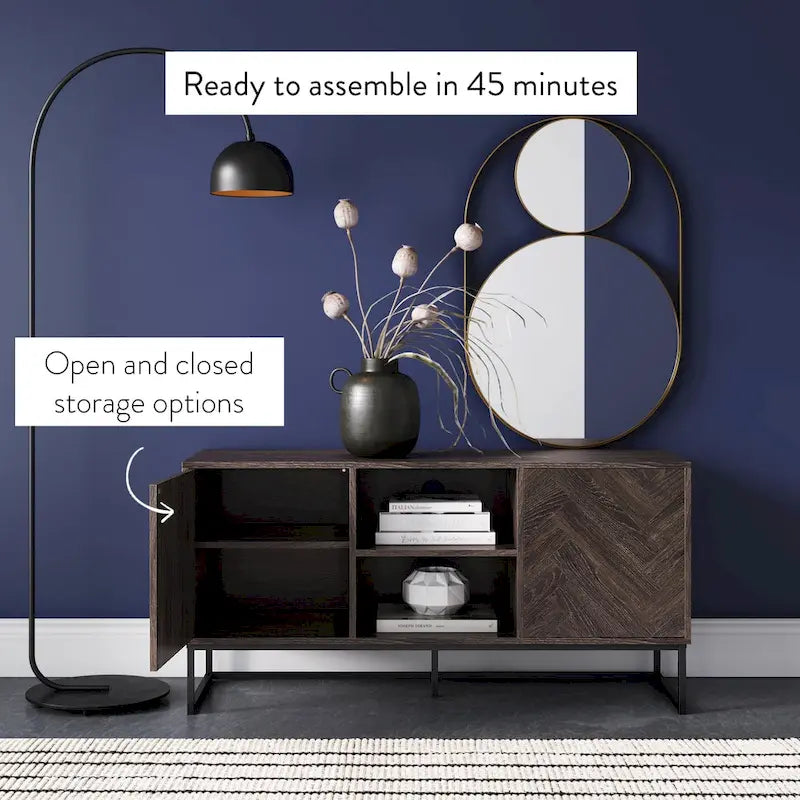 Meuble TV Console Média avec Rangement Caché Motif Chevron Bois et Métal - 119 cm