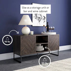 Meuble TV Console Média avec Rangement Caché Motif Chevron Bois et Métal - 119 cm