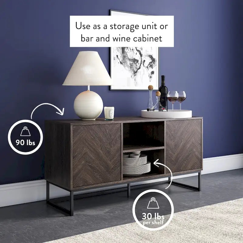 Meuble TV Console Média avec Rangement Caché Motif Chevron Bois et Métal - 119 cm