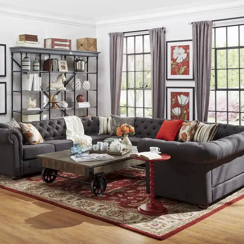 Canapé d'angle Chesterfield en U avec accoudoirs arrondis et capitonnage
