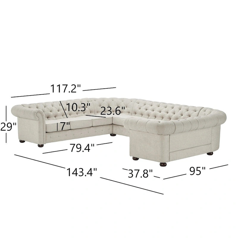 Canapé d'angle Chesterfield en U avec accoudoirs arrondis et capitonnage