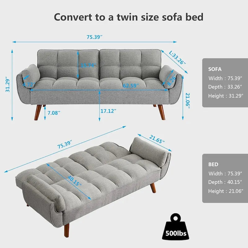Canapé-Lit Futon 75.39 POUCES, Canapé-Lit Convertible Rembourré avec Dossier Inclinable Tufté et Divisé