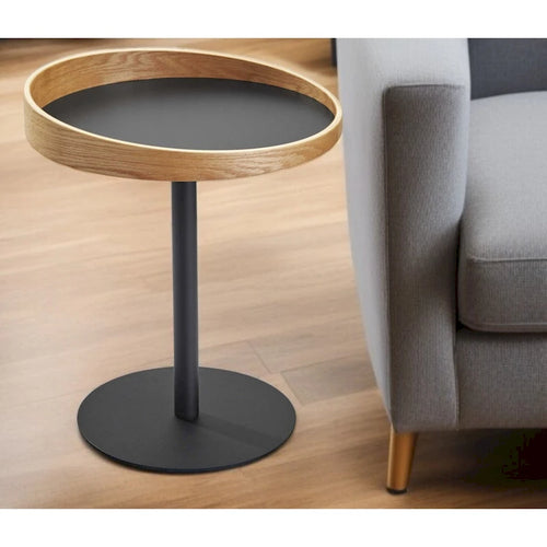 Table d'appoint ronde sur pied 22 po en bois noir et naturel et en métal – 18