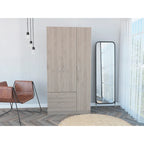 Armoire 3 portes avec 2 tiroirs, étagères intérieures et penderie
