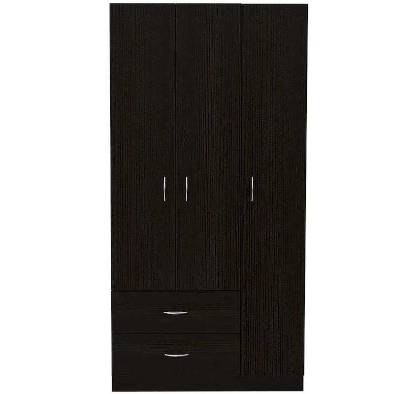 Armoire 3 portes avec 2 tiroirs, étagères intérieures et penderie