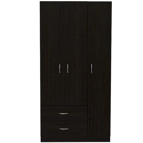 Armoire 3 portes avec 2 tiroirs, étagères intérieures et penderie
