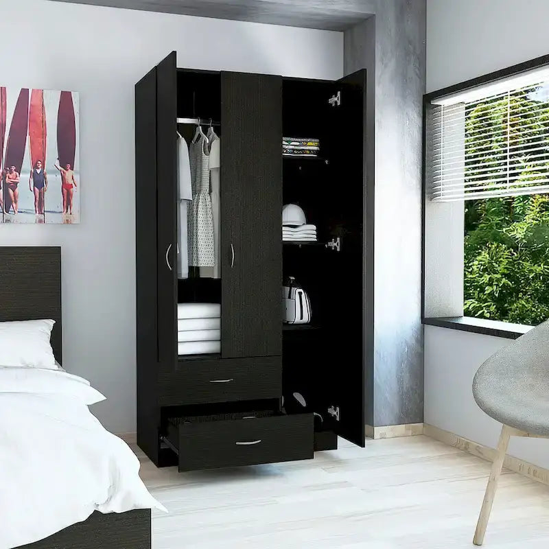Armoire 3 portes avec 2 tiroirs, étagères intérieures et penderie