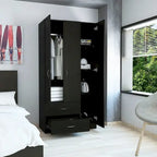 Armoire 3 portes avec 2 tiroirs, étagères intérieures et penderie