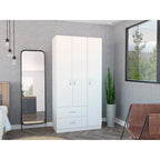 Armoire 3 portes avec 2 tiroirs, étagères intérieures et penderie