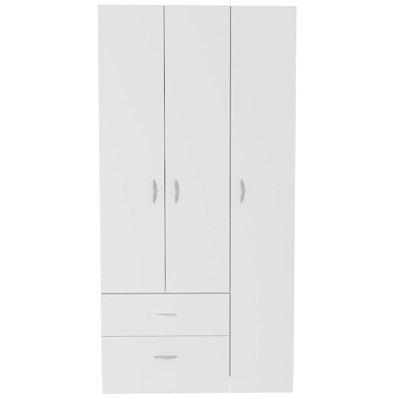 Armoire 3 portes avec 2 tiroirs, étagères intérieures et penderie