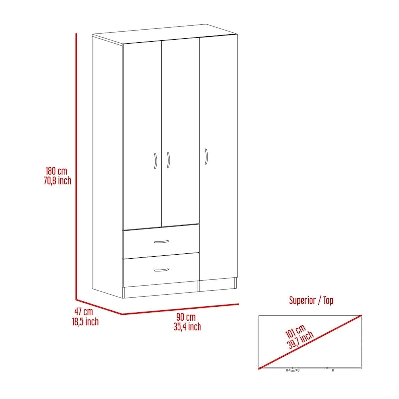 Armoire 3 portes avec 2 tiroirs, étagères intérieures et penderie