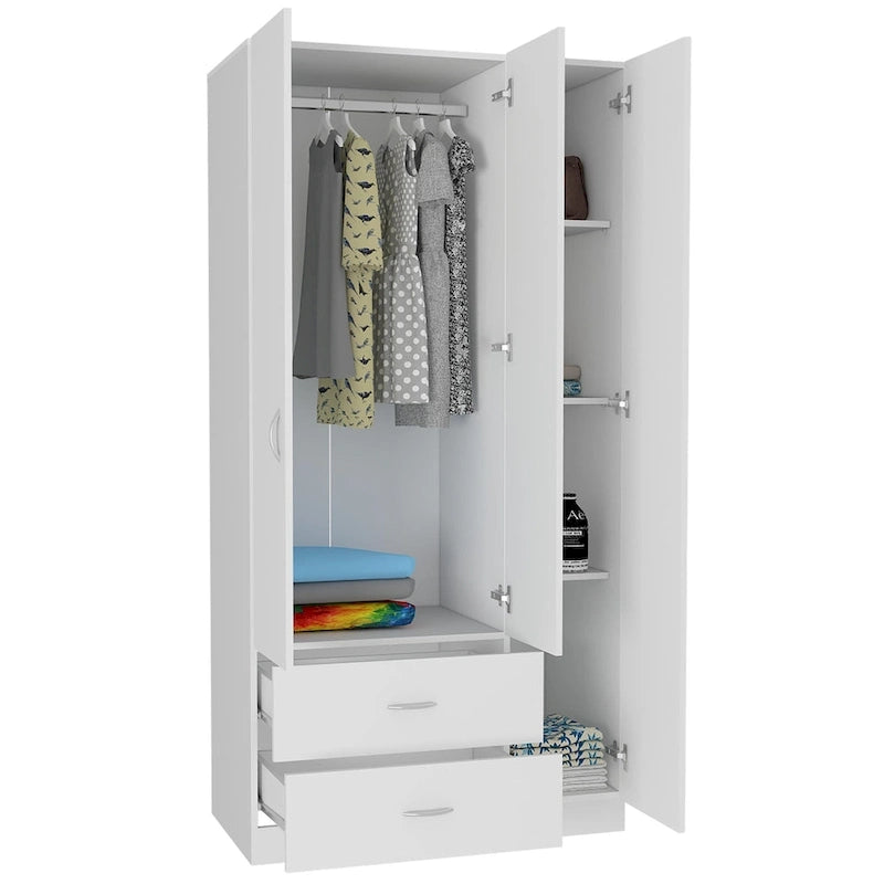 Armoire 3 portes avec 2 tiroirs, étagères intérieures et penderie