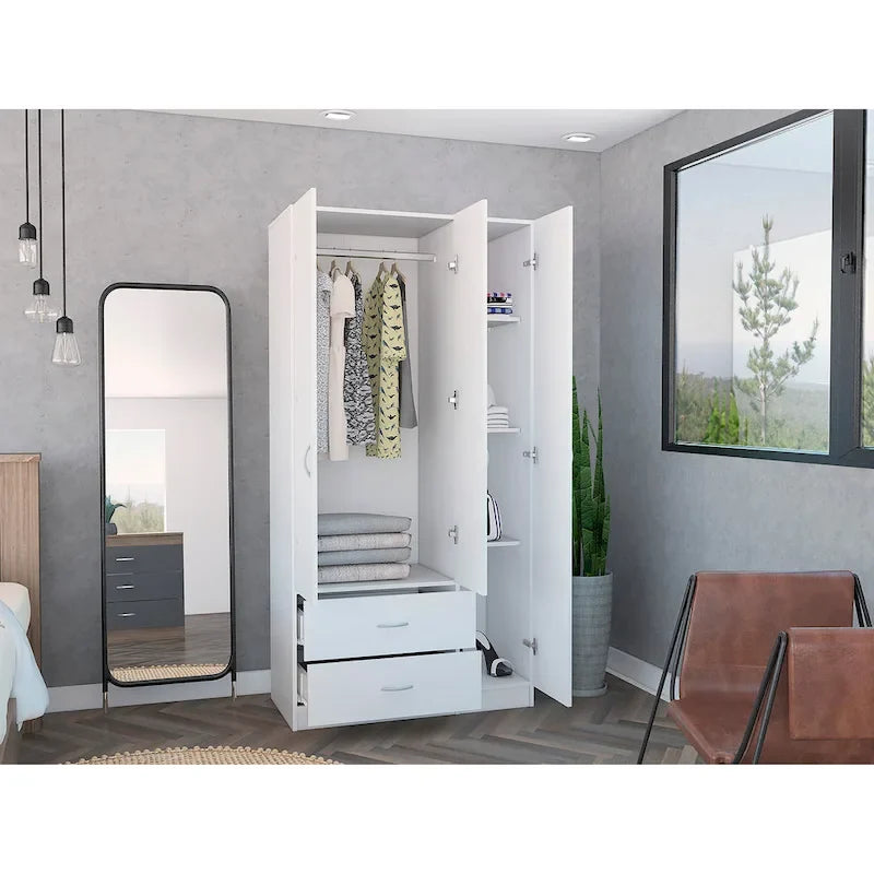 Armoire 3 portes avec 2 tiroirs, étagères intérieures et penderie