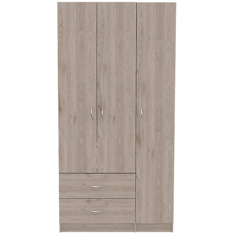 Armoire 3 portes avec 2 tiroirs, étagères intérieures et penderie