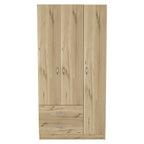 Armoire 3 portes avec 2 tiroirs, étagères intérieures et penderie