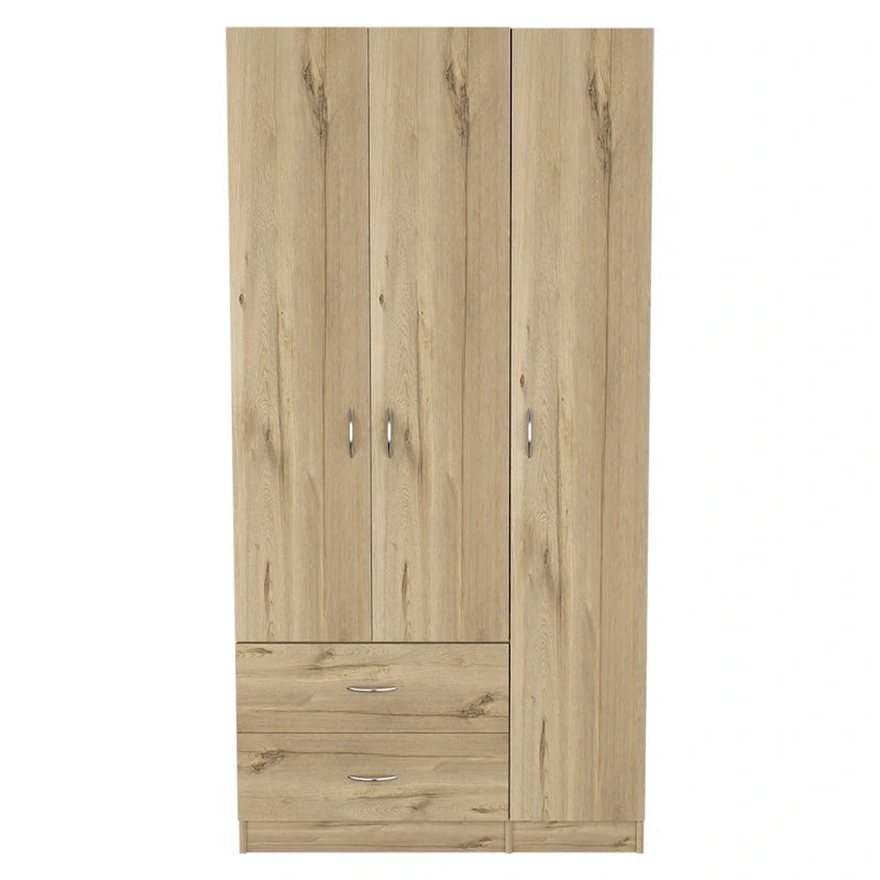 Armoire 3 portes avec 2 tiroirs, étagères intérieures et penderie
