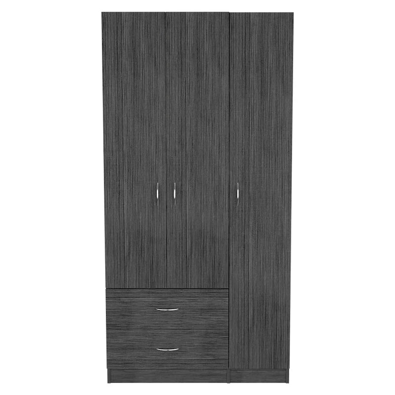 Armoire 3 portes avec 2 tiroirs, étagères intérieures et penderie