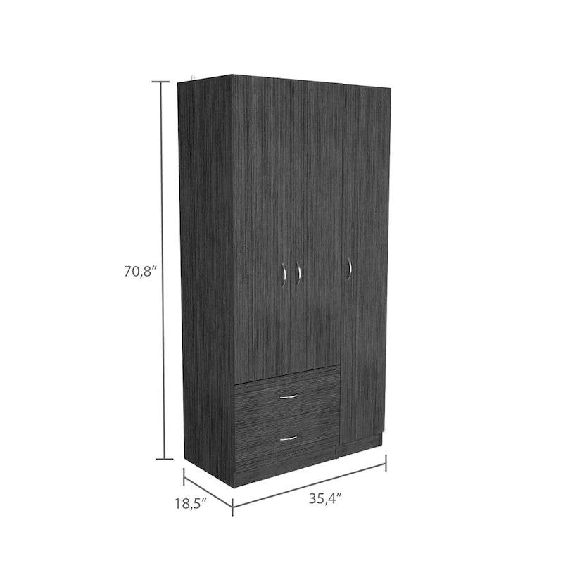 Armoire 3 portes avec 2 tiroirs, étagères intérieures et penderie
