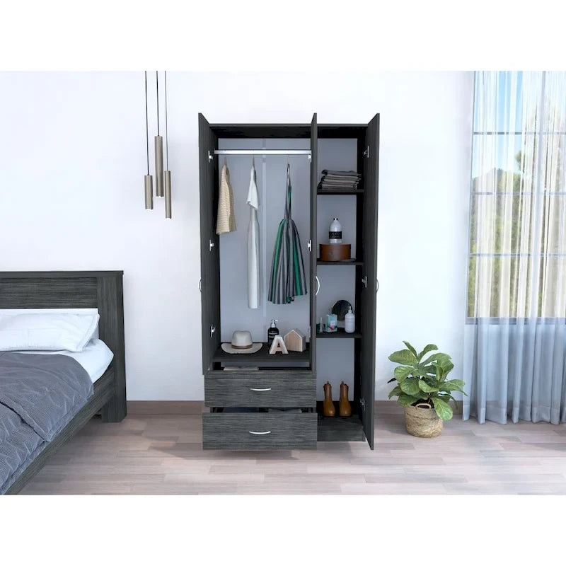 Armoire 3 portes avec 2 tiroirs, étagères intérieures et penderie