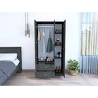 Armoire 3 portes avec 2 tiroirs, étagères intérieures et penderie