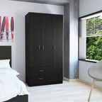 Armoire 3 portes avec 2 tiroirs, étagères intérieures et penderie