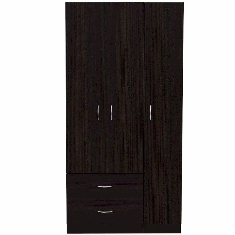 Armoire 3 portes avec 2 tiroirs, étagères intérieures et penderie