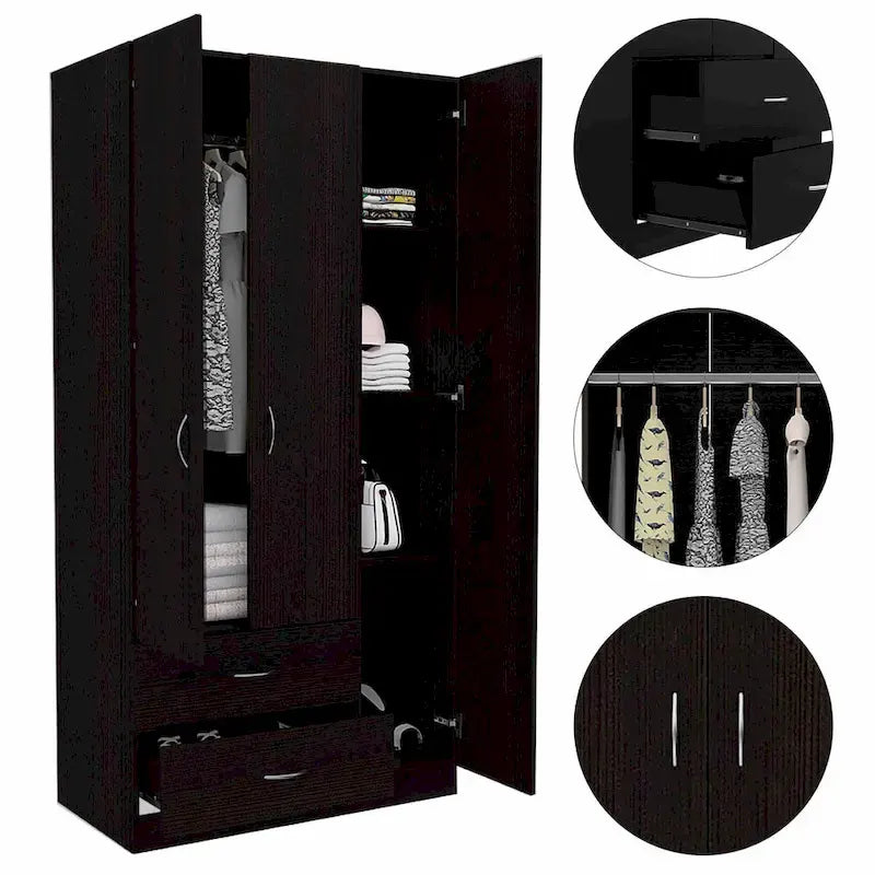 Armoire 3 portes avec 2 tiroirs, étagères intérieures et penderie
