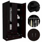 Armoire 3 portes avec 2 tiroirs, étagères intérieures et penderie