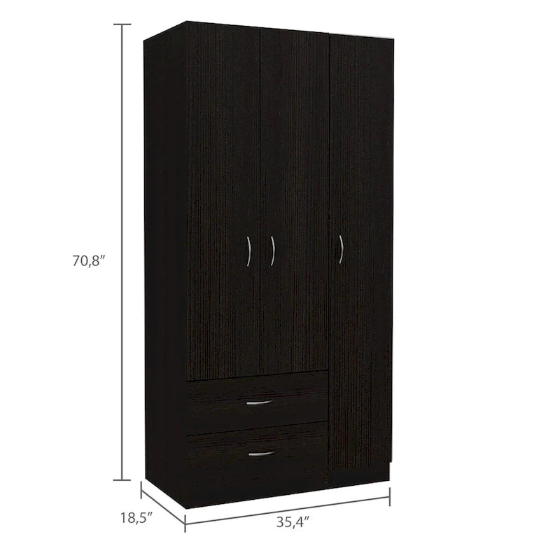 Armoire 3 portes avec 2 tiroirs, étagères intérieures et penderie