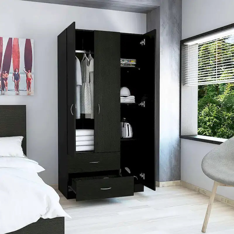Armoire 3 portes avec 2 tiroirs, étagères intérieures et penderie