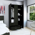 Armoire 3 portes avec 2 tiroirs, étagères intérieures et penderie