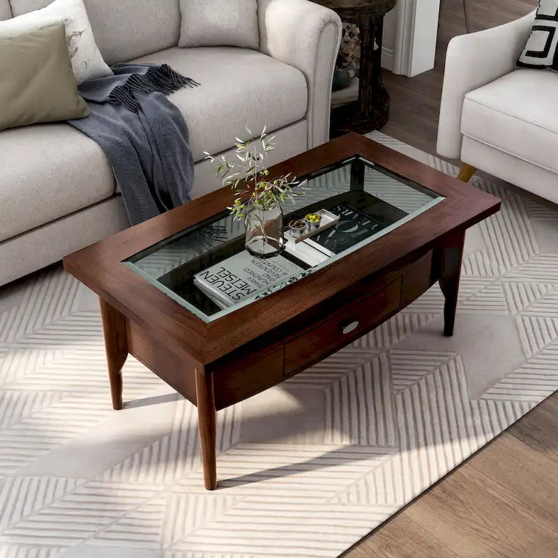 Table basse en verre à 1 tiroir en noyer traditionnel de 44 pouces