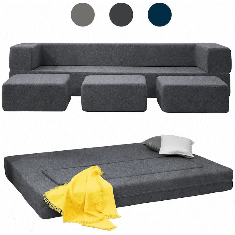 Canapé-Lit Futon Convertible Queen Velours avec 3 Poufs, Mousse à Mémoire de Forme, Canapé de Sol Pliable