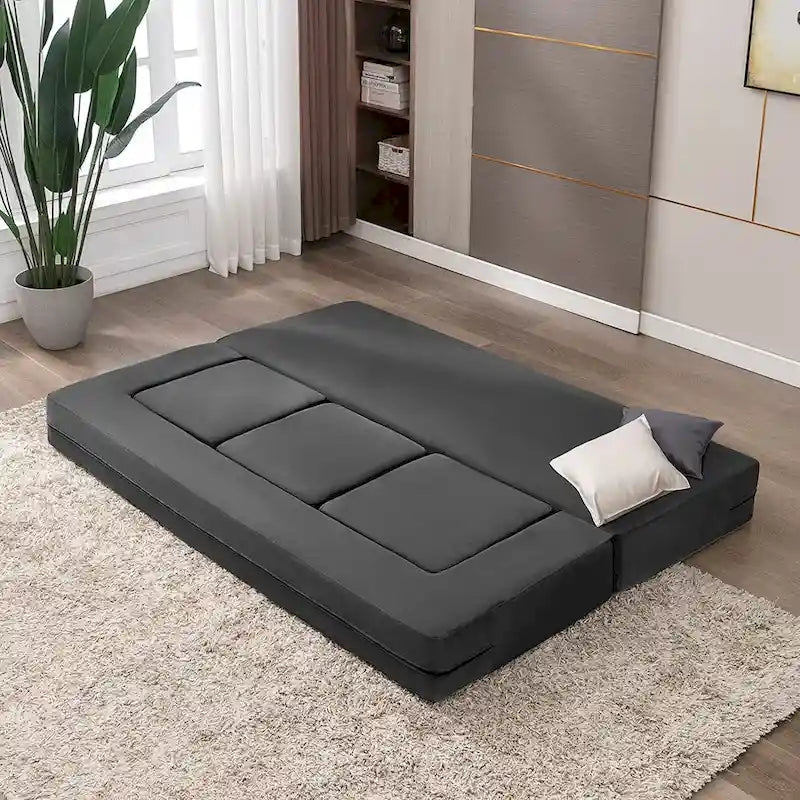 Canapé-Lit Futon Convertible Queen Velours avec 3 Poufs, Mousse à Mémoire de Forme, Canapé de Sol Pliable