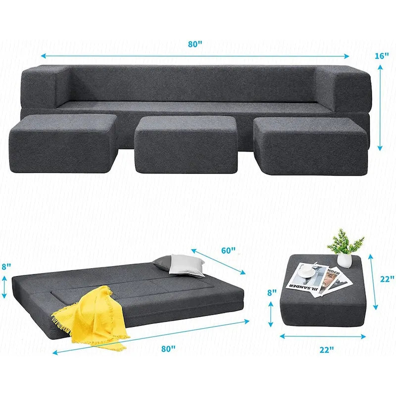 Canapé-Lit Futon Convertible Queen Velours avec 3 Poufs, Mousse à Mémoire de Forme, Canapé de Sol Pliable