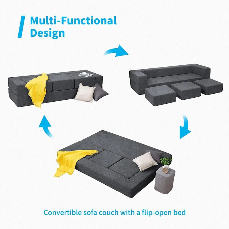 Canapé-Lit Futon Convertible Queen Velours avec 3 Poufs, Mousse à Mémoire de Forme, Canapé de Sol Pliable