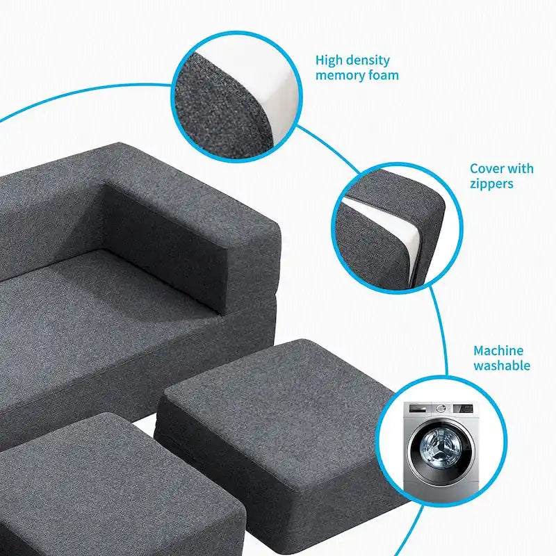 Canapé-Lit Futon Convertible Queen Velours avec 3 Poufs, Mousse à Mémoire de Forme, Canapé de Sol Pliable