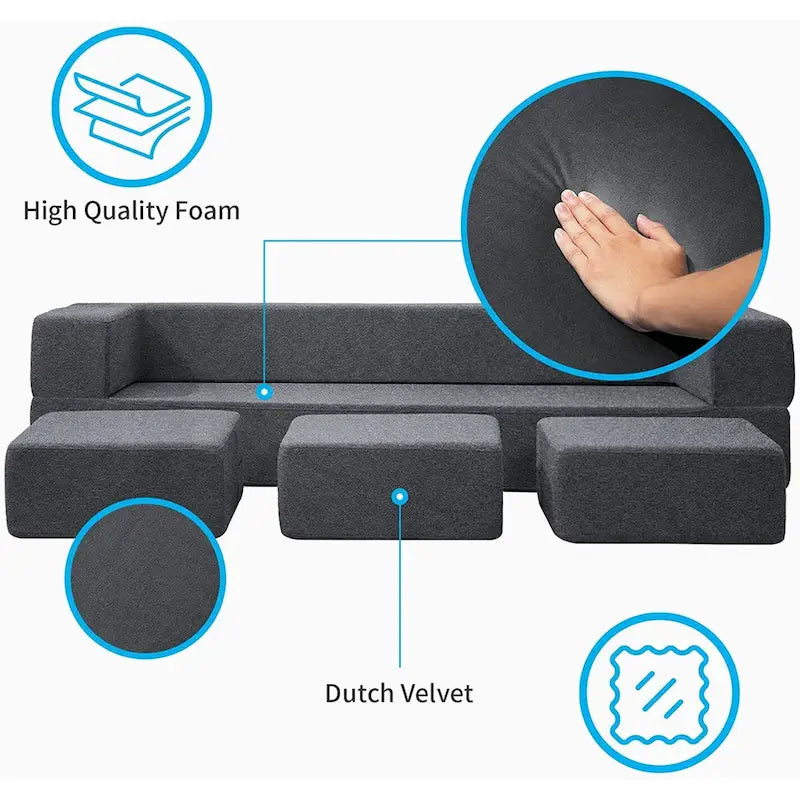 Canapé-Lit Futon Convertible Queen Velours avec 3 Poufs, Mousse à Mémoire de Forme, Canapé de Sol Pliable
