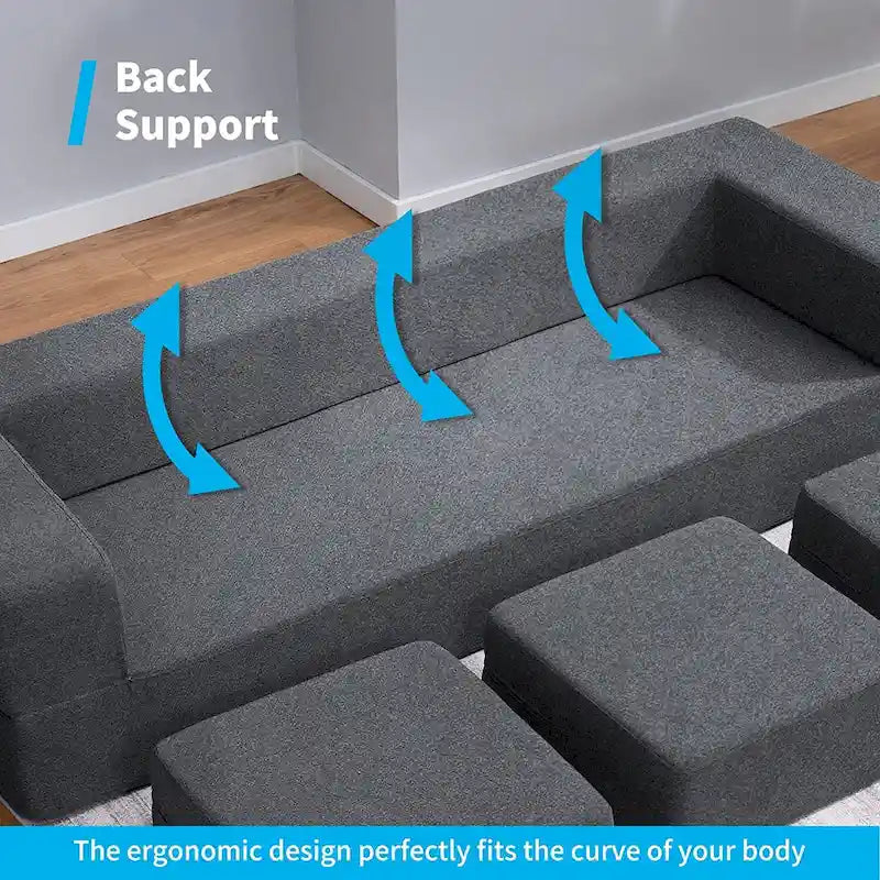Canapé-Lit Futon Convertible Queen Velours avec 3 Poufs, Mousse à Mémoire de Forme, Canapé de Sol Pliable