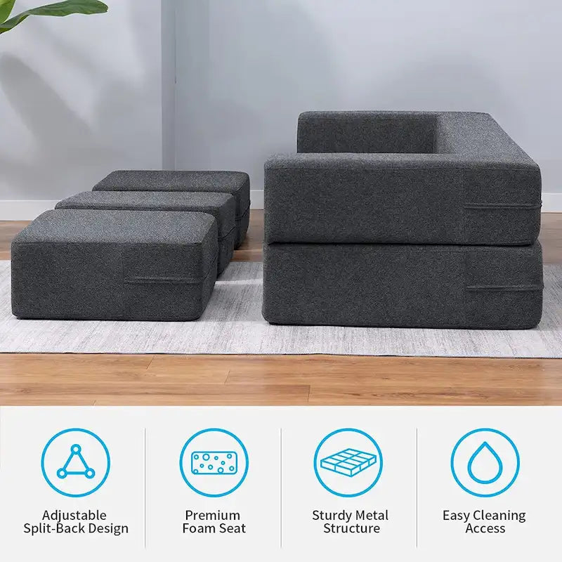 Canapé-Lit Futon Convertible Queen Velours avec 3 Poufs, Mousse à Mémoire de Forme, Canapé de Sol Pliable