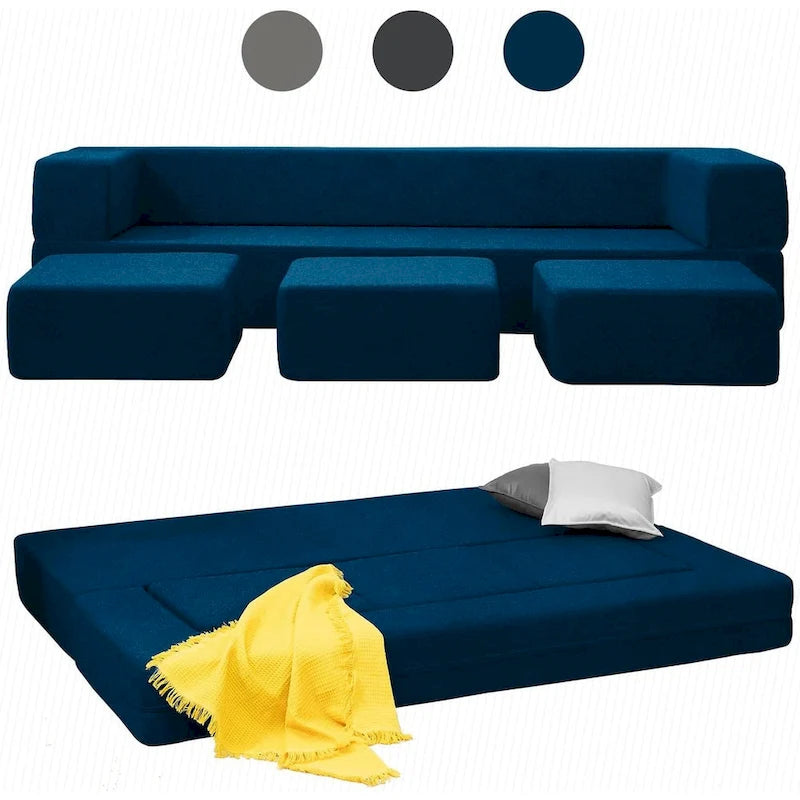 Canapé-Lit Futon Convertible Queen Velours avec 3 Poufs, Mousse à Mémoire de Forme, Canapé de Sol Pliable