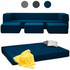 Canapé-Lit Futon Convertible Queen Velours avec 3 Poufs, Mousse à Mémoire de Forme, Canapé de Sol Pliable