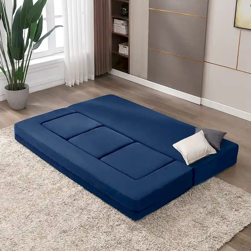 Canapé-Lit Futon Convertible Queen Velours avec 3 Poufs, Mousse à Mémoire de Forme, Canapé de Sol Pliable