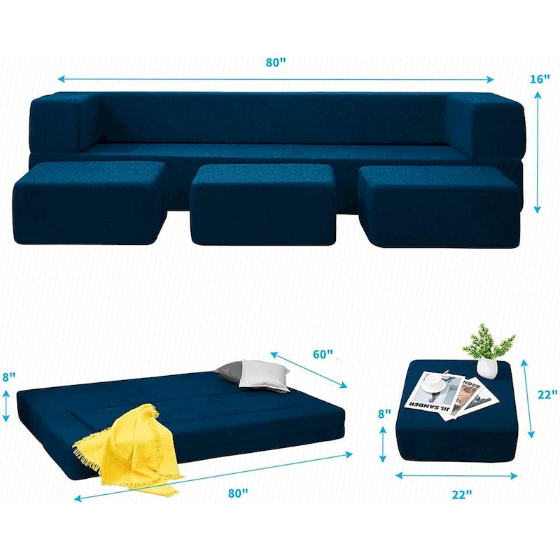 Canapé-Lit Futon Convertible Queen Velours avec 3 Poufs, Mousse à Mémoire de Forme, Canapé de Sol Pliable