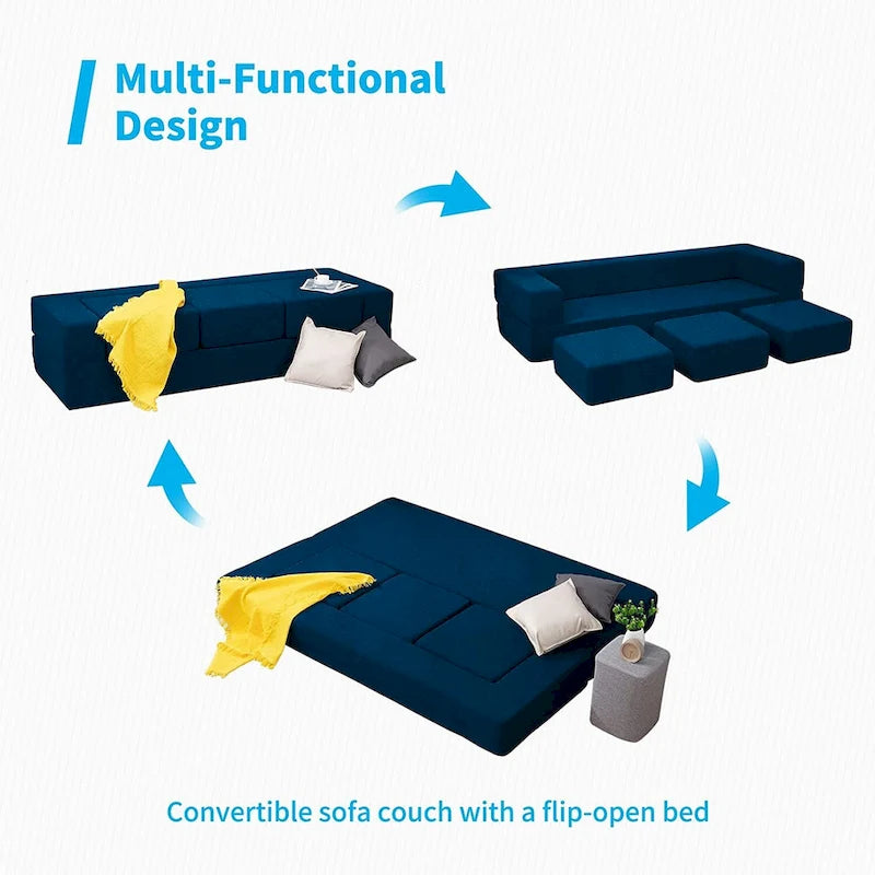 Canapé-Lit Futon Convertible Queen Velours avec 3 Poufs, Mousse à Mémoire de Forme, Canapé de Sol Pliable