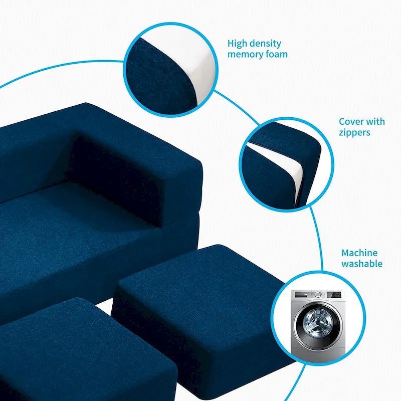 Canapé-Lit Futon Convertible Queen Velours avec 3 Poufs, Mousse à Mémoire de Forme, Canapé de Sol Pliable