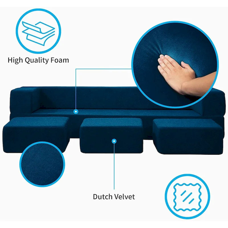 Canapé-Lit Futon Convertible Queen Velours avec 3 Poufs, Mousse à Mémoire de Forme, Canapé de Sol Pliable