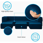 Canapé-Lit Futon Convertible Queen Velours avec 3 Poufs, Mousse à Mémoire de Forme, Canapé de Sol Pliable